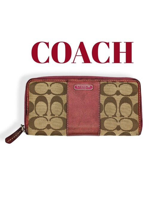 Coach Handbags - Coach Signature Canvas & Leather Wallet Burgundy Leather Zip Around Continental